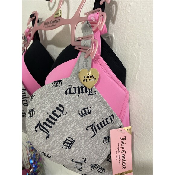 Juicy Couture Bra Size 40D 3 Pack Pink Black Gray Logo Print Underwire Confort - Picture 2 of 13